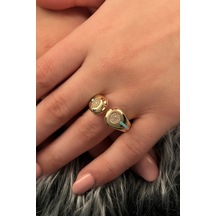 Fiyonk Kuyumculuk 14 Ayar Altın Firuze Şerit Detaylı Taşlı Yüzük 001