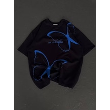 Baskılı Unisex Siyah Retro Dalga Pamuklu Tişört