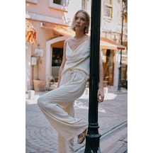 Sateen Degaje Yaka Dökümlü Bluz - Krem-136058 Krem