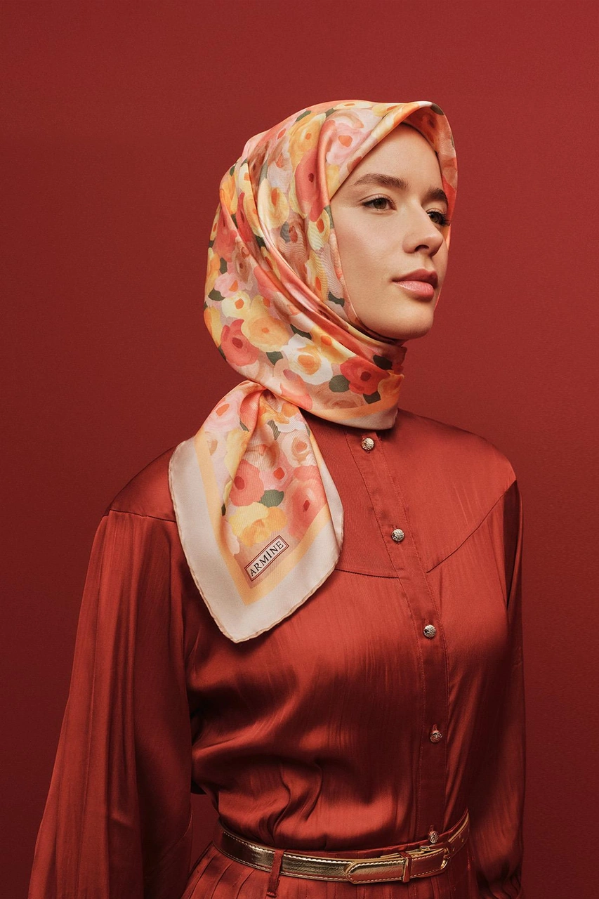 Armine Çiçek Desenli Saf İpek Twill Eşarp 9300d 01 Pembe