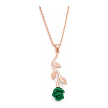 Çekirdekjewelry 925 Ayar Gümüş Rose Kaplama Yeşil Gül Detaylı Kadın Kolye Pembe
