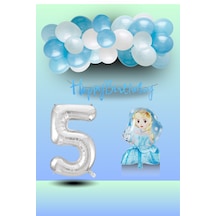 5 Yaş Frozen Tema Prenses Folyo Balon Mavi Beyaz Balon Gümüş Rakam Mavi Banner Doğum Günü Seti Çok Renkli