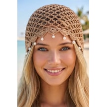 Tezzgelsin Kadın İnci Sallantılı Crochet Bere Bohem Plaj Aksesuarı Yazlık Bandana Şapka Camel