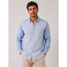 Slim Fit Uzun Kol Çift Desen Yaka Düğmeli Keten Likra Cepsiz Hediye Kutulu Erkek Gömlek Fs-004578 - Açık Mavi-3324 Açik Mavi