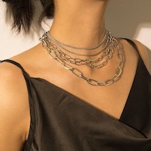 Moda Gümüş Renk Çok Katmanlı Kolye Punk Trendy Gerdanlık Kolye Beyaz
