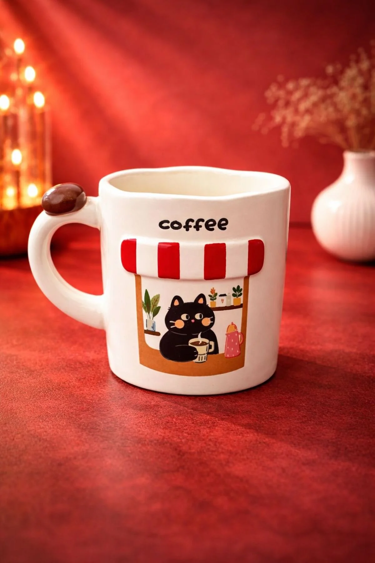 Acar Porselen Lüks Büyük Boy Coffee Dekor Kedili Bardak Kupa 400ml Kırmızı