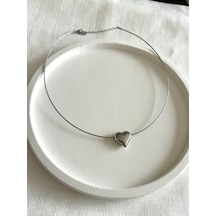 Kadın Çelik Kolye Tel Zincir Büyük Kalp Kararmaz Kolye Gümüş