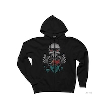 8bit Skull Siyah Fermuarlı Kapşonlu Sweatshirt