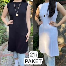 Kadın Sıfır Kol Penye Uzun Tunik İçlik Siyah Beyaz 2 Adet 001