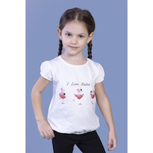 Toontoy Kids Toontoy Kız Çocuk Lastikli Büzgü Detaylı Baskılı Tişört Ekru
