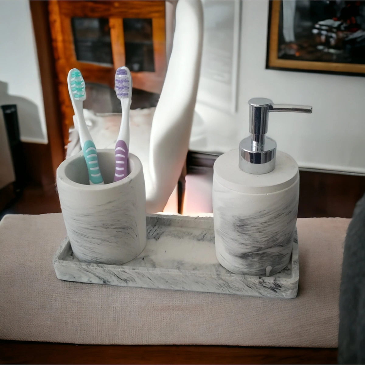 Marble 3'lü Banyo Seti, Sıvı Sabunluk Diş Fırçalığı Beton Aksesuar Takım Gri
