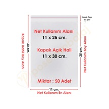 11x25+5 Cm. 11x30 50 Adet Şeffaf Bantlı Yapışkanlı Opp Poşet