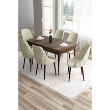 Canisa Tia Serisi 80x132 Açılabilir Mdf Mutfak Masası Takımı Barok Desen Masa 6 Krem Sandalye Masa Barok Ahşap Desen Sandalye Krem
