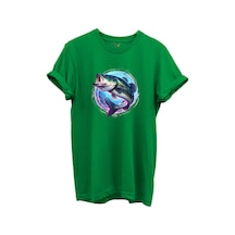 Renkli Neon Balık Desenli %100 Pamuk Regular Fit Unisex T-shirt Yeşil