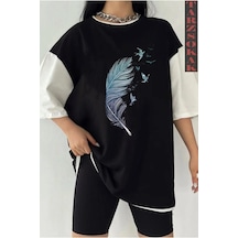 Startmore Startmore Siyah Oversize Çift Renk Tüy Baskılı Unisex Tshirt Beyaz