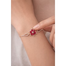 Çekirdekjewelry 925 Ayar Gümüş Kırmızı Taşlı Kamelya Bileklik Pembe