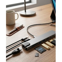 Type C Çoklu Port Hub 8 Port Usb Hdmı Sd Kart Ethernet Adaptör Çok Renkli