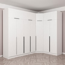 Kaleplus 7 Kapaklı 2 Çekmeceli Köşe Dolap + Yüklük Beyaz Mebran Beyaz Çizgili 255cm Beyaz