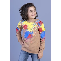 Toontoy Kids Toontoy Erkek Çocuk Kapüşonlu Renkli Püskürtme Baskılı Sweatshirt Kahverengi