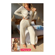 Angbutik Kadın Beyaz Fiyonklu İç Çamaşırı Ve Uzun Kollu V Yaka Pijama Takımı 4'lü Set