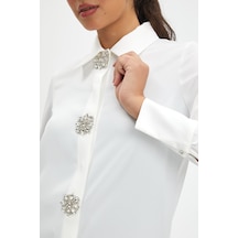 Kadın Taş Düğme Detaylı Gömlek -Ekru