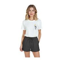 Kadın Beyaz Relaxed Fit %100 Pamuk Tişört Geometrik Palmiyeler Beyaz