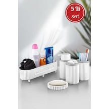 Flora 5 Parça Banyo Seti Çok Amaçlı Sepet, Sıvı Sabunluk, Katı Sabunluk, Diş Fırçalık, Pamukluk Beyaz