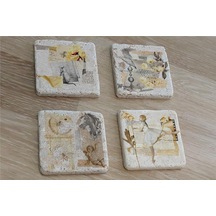 Vintage Figür Kolaj Doğal Taş Bardak Altlığı 4'lü Set - Natural Stone Coasters - Taş Çok Renkli
