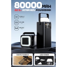 80.000mah Forefo Kablolu Led Fenerli Taşınabilir 22.5w Hızlı Şarj Destekli Güç Bankası Powerbank Siyah