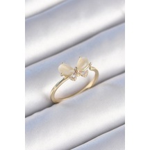Pirinç Gold Renk Beyaz Mineli Zirkon Taşlı Kelebek Model Kadın Yüzük Karışık
