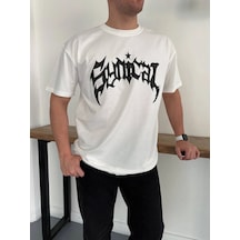 Barlashive Erkek Kısa Kol Yazlık Tişört Bisiklet Yaka Baskılı Oversize T-shirt - Beyaz Çok Renkli