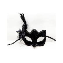 Siyah Renk Yandan Tüylü Beyaz İncili Süet Kaplama A Kalite Lüks Parti Maskesi 20x23 Cm