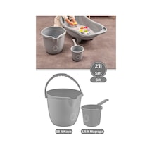 2 Li Bebek Banyo Su Kovası Ve Maşrapası Seti, Saplı Oluklu Kova 13lt Ve Maşrapa 1,5lt Set Gri Gri