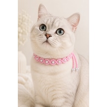 El Örgüsü Kedi Boyun Aksesuarı Pembe İnci Boncuklu Bağcıklı El Yapımı Dekoratif Kedi Tasması