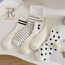 Trampler Sade Çizgili Benekli Unisex Çorap Soket 5 Çift Beyaz Siyah Beyaz