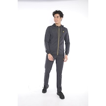 Erkek Spor Slimfit Kalıp, Baskı Detaylı, Kapşonlu, 4 Cepli,4 Mevsim Siyah Gri Eşofman Takımı-3658 - M Siyah
