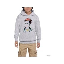 Frida Kahlo Portre 4 Gri Çocuk Kapşonlu Sweatshirt Gri
