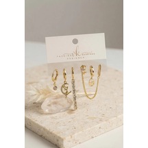 Zirkon Taşlı Gold Renk 6'lı Küpe Set Kombini Çok Renkli
