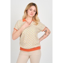Ella Camelia Kadın Desenli Polo Yaka Beli Ve Kolları Lastikli Bluz 24e107 Kiremit Kiremit