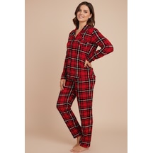 Bravie Luxury Viscose Kırmızı Ekose Desenli Kadın Uzun Kollu Büyük Beden Pijama Takımı 42513 Kırmızı