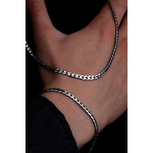 Erkek Gümüş Kolye Bileklik Set - 925 Ayar 4 Mm Oksitli Ezme Gurmet Zincir Gümüş Kolye Bileklik Set