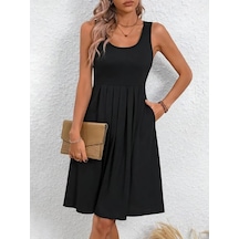 Kadın Askılı Yuvarlak Yaka Önden Pileli Viskon Elbise Siyah