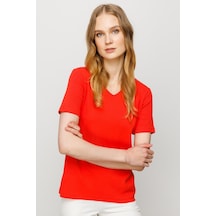 Kadın V Yaka Kaşkorse Pamuk T-shirt Oranj Oranj