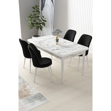 Canisa Nil Serisi 70x110 Sabit Mutfak Masası Takımı Beyaz Mermer Desen Masa 4 Siyah Sandalye Masa Beyaz Mermer Desen Sandalye Siyah