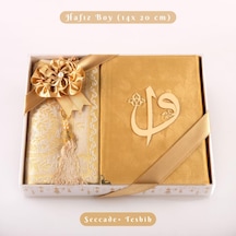 Kuran + Seccade + Tesbih Hediye Seti Hafız Boy, Elifvav, Kadife, Desenli Kutu, Gold