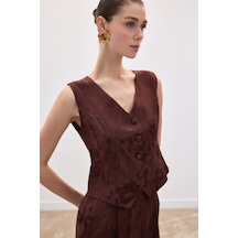 Sateen Jakarlı Yelek - Kahve-136838 Kahve