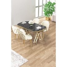 Canisa Zae Serisi 90x168 Lak Panel Siyah Mermer Desen Gold Ayak Masa Takımı 4 Krem Sandalye Siyah Mermer Masa Krem Sandalye