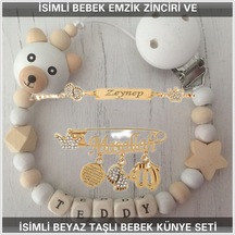 Sahi Aksesuar İsimli Bebek Emzik Zinciri Ve İsimli Bebek Künye Seti Bezyı704 Bebek Mavisi - Beyaz
