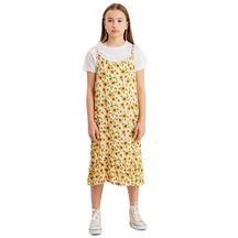 Kız Çocuk Ayçiçek Baskılı Tişörtlü Elbise-2049-a.kahve