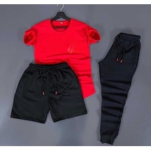 3'lü Slim Fit Unisex Tshirt - Şort - Eşofman Kombin Kırmızı Düz